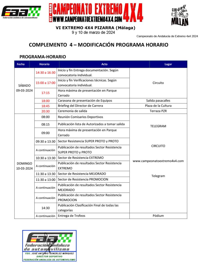 Cuadro horario Extreme 4x4 Pizarra 2024.